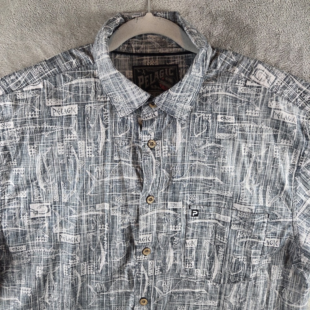 Pelagic Gray Reverse Print Marlin Fishing Button Shirt Mens XL Short Sleeve